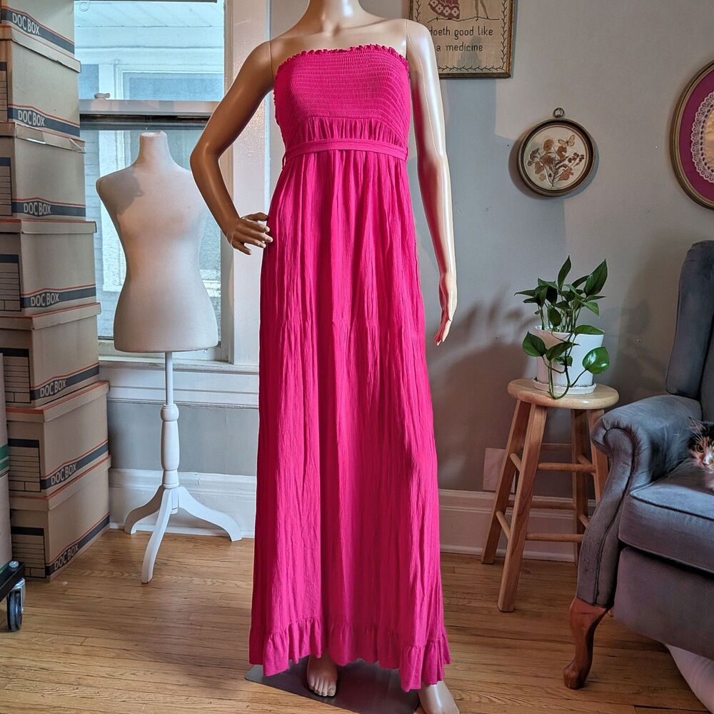 Juicy Couture 2000s Maxi Dress Strapless Pink Ruffle Hem Belt Shirring Size XS
